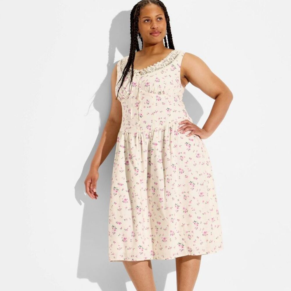 Women's Button-Front Lace Midi Dress - Wild Fable Off-White Floral XXL